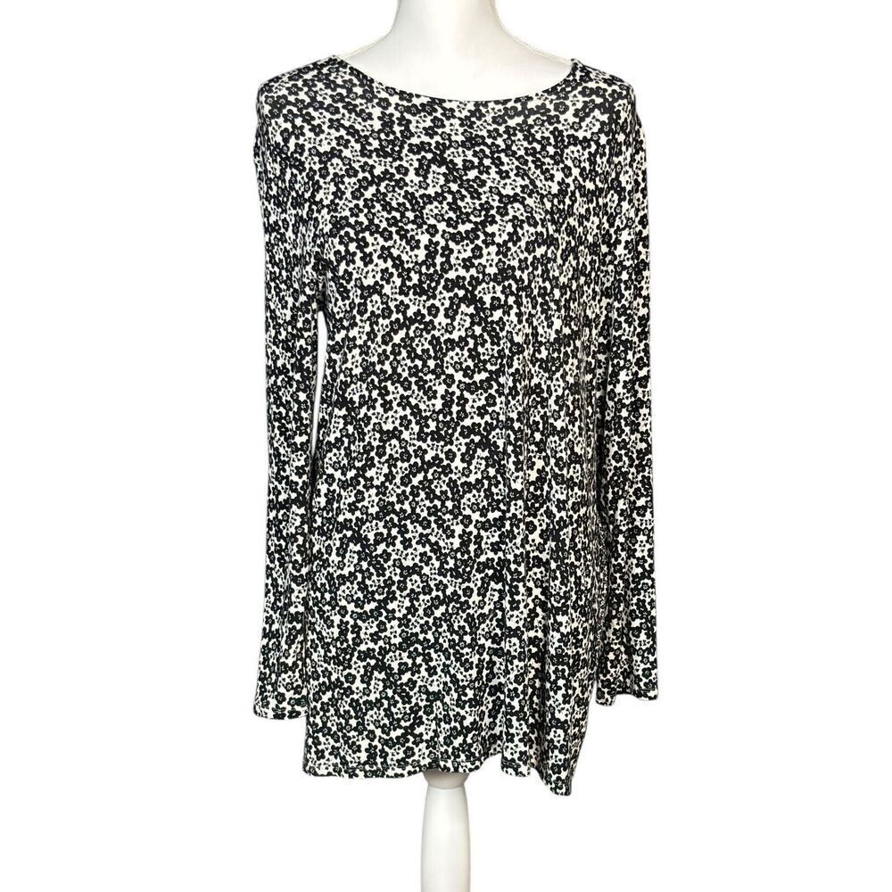 J Jill Top Wearever Size Large Black Floral Tie Back Long Sleeve Stretch Boxy - Picture 11 of 12